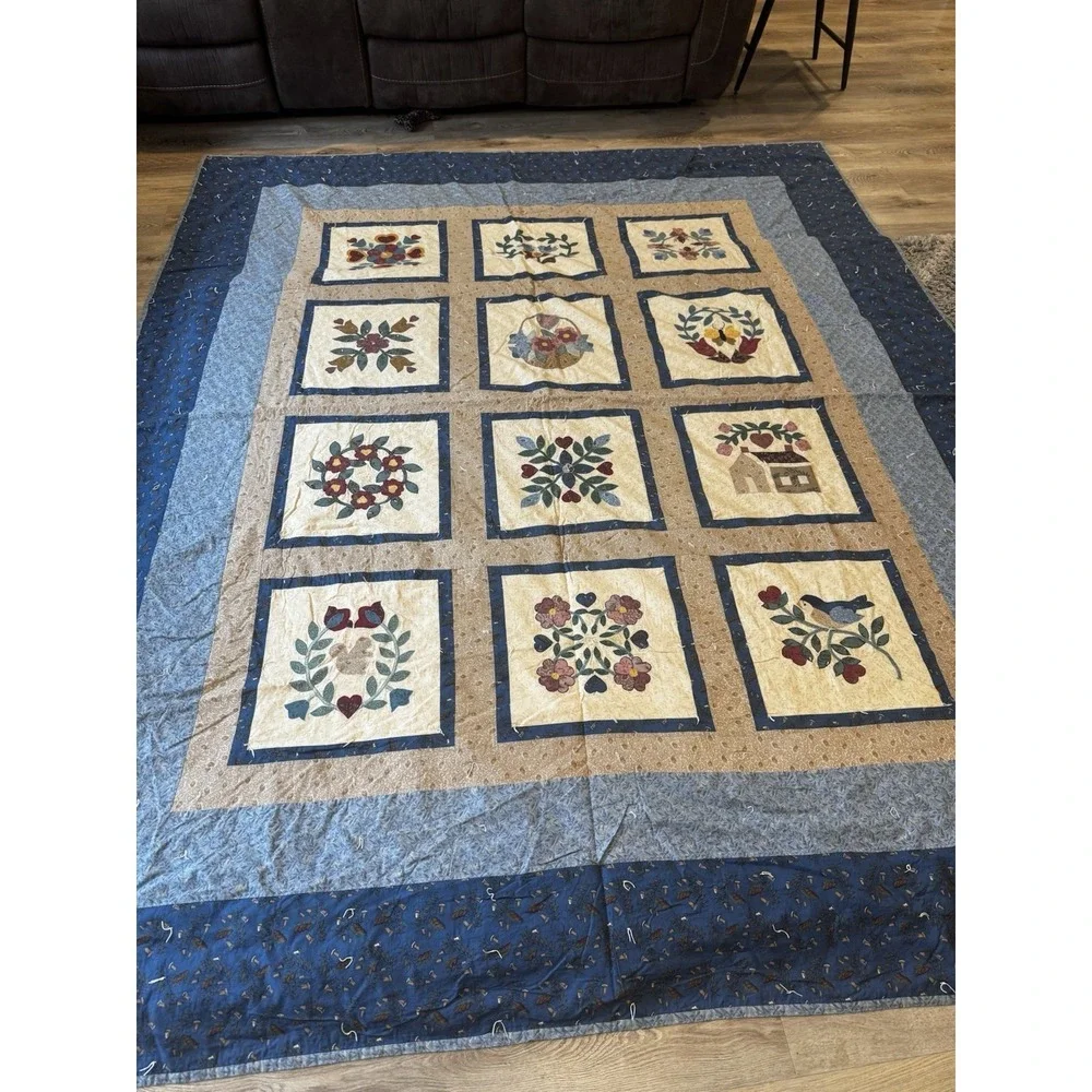 Vintage Handmade Applique Folk Art Quilt King Queen 106x89‎ Floral Country Home